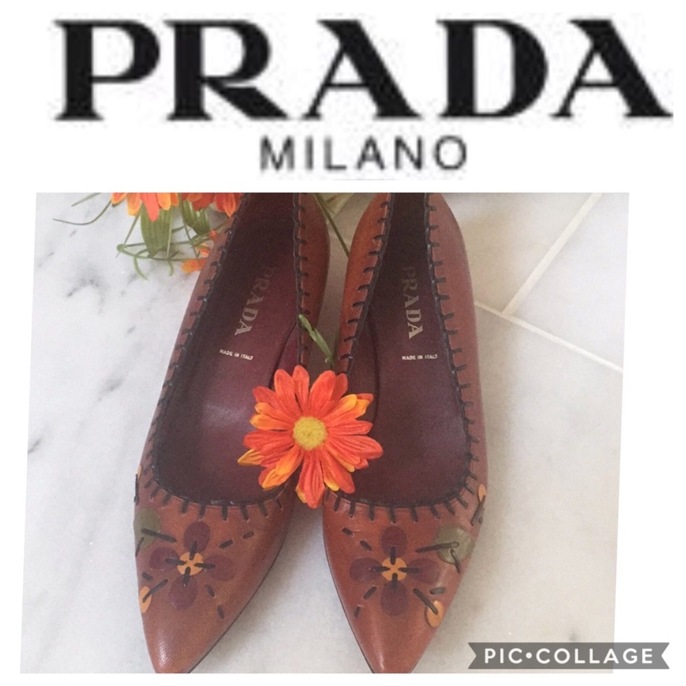 🔥PRADA brown leather appliqués flowers shoes